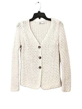 Zara White Chunky Knit Cardigan Wool Alpaca V Neck Button Up Sweater S